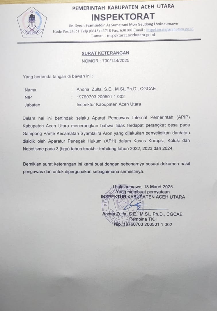 Surat Keterangan tidak ada Aparatur Gp. Pante yang terlibat kasus korupsi dari 2022 s/d 2024